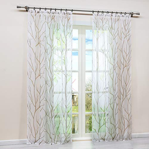 HongYa 1 Stück Transparente Gardine Schal mit Kräuselband Voile Vorhang Fensterschal Äste Muster H/B 245/140 cm Weiß Sand