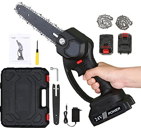 Kavolet Mini tronçonneuse 6 Pouces, Tronçonneuse électrique sans Fil, Scie d'élagage de Jardin, Tronçonneuse Portable avec 2 * 24 V Batterie, Tronçonneuse à Main avec 2 chaînes de Remplacement