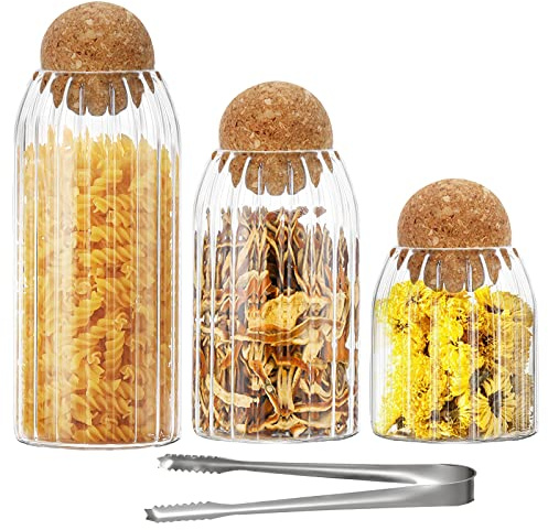 3Pcs Glass Storage Containers with Round Cork, Clear Stripe Glass Canisters for Coffee, Sugar, Spice, Tea,DIY