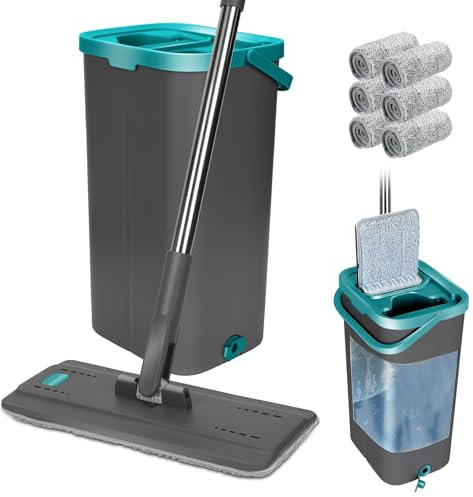 Masthome Wischmopp Set mit Eimer, Putzeimer mit Wischmop mit 6 Wischpads,Bodenwischer mit Auswringfunktion, Flachmopp und Putzeimer Set für Bodenreinigung Hartholz, Fliesen, Laminat - Grau+Blau