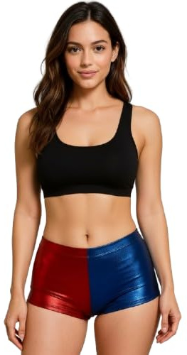LUXE DIVA Ladies Girls Kids Halloween Costume Shiny Wet Look Jacket, Leggings, Pants Women Metallic Red & Blue Hot Sexy Shorts