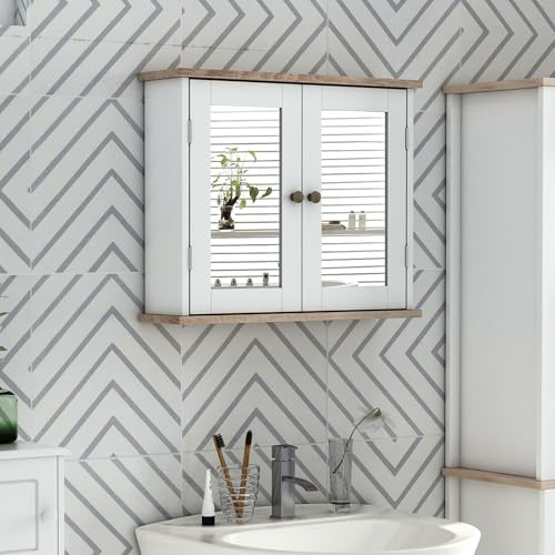 kleankin Armoire Murale avec Miroir pour Salle de Bain 2 Niveaux avec 1 étagère réglable et 2 Portes en Bois- dim. 56I x 14P x 46H cm