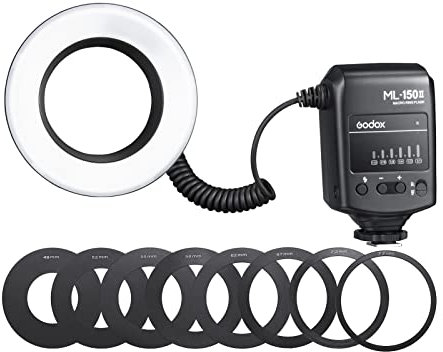 Godox ML-150II,Luz de flash para macro, universal, 11 niveles de brillo, 5800 K ± 200 K GN12 Fast Recycle 1/200s-1/5000s, con 8 anillos adaptadores, para cámara réflex Canon Nikon Sony DSLR