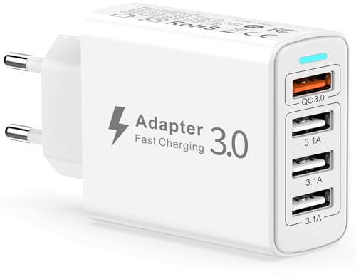 Cargador USB Multiple, 4 Puertos Enchufe USB Carga Rapida 33W QC3.0 Cargador Móvil Carga Rapida Adaptador Rapido para iPhone 14/13/12/11 Pro Max/XS/XR/8/7/6/5,iPad,Samsung S23/S22/S21,Xiaomi