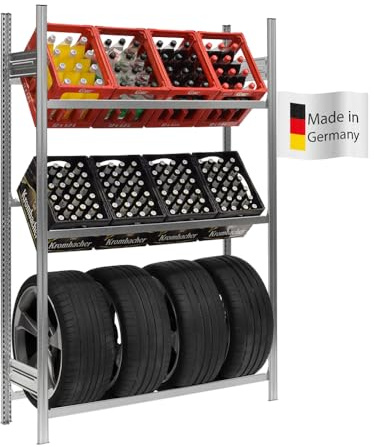 PROREGAL Chiemsee Tire Étagère à boissons et pneus fabriquée en Allemagne 200 x 136 x 43,5 cm 6 caisses + 4 pneus Galvanisé Étagère à boissons Porte-pneus Étagère de garage cave