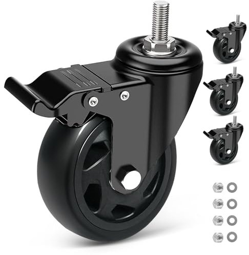 RRIUTO Möbelrolle mit Bremse, 100mm Lenkrollen M10 X 30mm Schraube, Transportrollen Doppellager mit 360-Grad-Rotation, 4 Stück Schwerlastrollen Rollen für Möbel Tragkraft 500KG