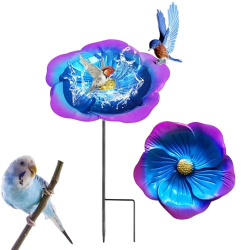 Bebochoi Mangeoire Oiseaux en Fer en Forme De Fleur Abreuvoir, Grand Abreuvoir à Oiseaux Debout avec Pied, Mangeoire Oiseaux Sauvage Décor pour Cour, Jardin, Pelouse (Bleu Violet)