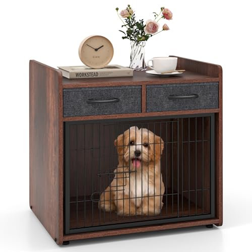 COSTWAY Dog Crate Furniture, Wooden Dog Cage with 2 Fabric Drawers, Lockable Door, Indoor Pet Kennel Side End Table for Small & Medium Sized Dogs, Rustic Brown