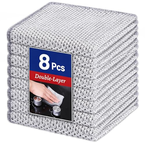 VIZAG Wire Dishwashing Rag for Wet and Dry, Non Scratch Wire Dishcloth, Double Stainless Steel Scrubber, Multipurpose Wire Dishwashing Rags for Cookware, Sinks, Dishes, (8)