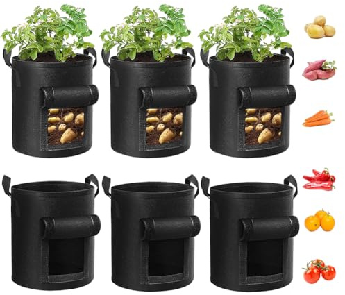 Airsnigi 10 Gallon Potato Grow Bags,6 Pack Plant Growing Bags Breathable Garden Growing Bag Planting Tomatoes, Vegetables, Strawberry with Window Flap and Handles,Black