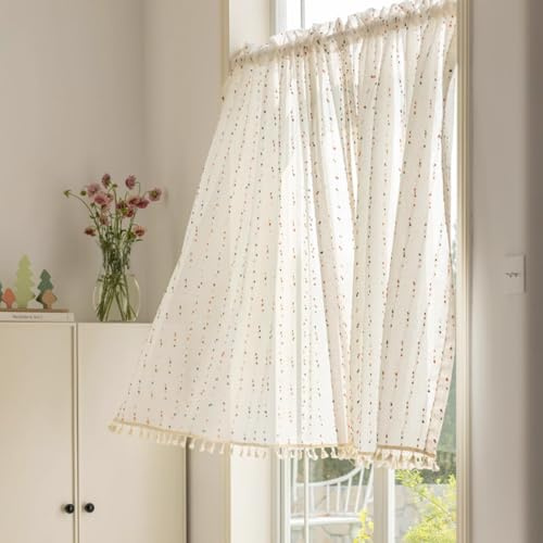 Boho Rainbow Pompom Sheer Valance Faux Linen Stripe Window Topper Curtain with Tassels Light Filtering Short Curtains Tier for Cafe/Bathroom/Kitchen Rod Pocket 2 panels (2, White, W39 X L47 Inch)