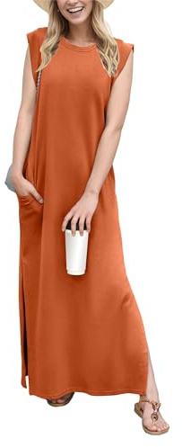 GRECERELLE Summer Maxi Dress Wedding Guest Maternity Party Casual Shirt Elegant Sleeveless Dresses for Ladies with Split and Pockets (Tan,S)