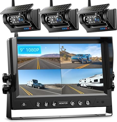 3 Magnetisch Solar Rückfahrkamera Kabellos, 1 Mins DIY Installation & Quad-Rückfahrkamerasystem mit HD1080P 9''DVR Monitor für Wohnmobilanhänger, eingebauter 9600 mAh Solar Akku