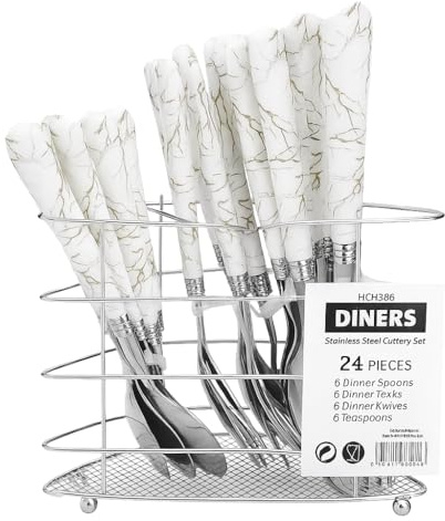 Marble Effect Cutlery Set, 24-Piece Stainless Steel Flatware with Storage Rack, White