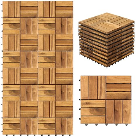 Jaxguom Holzfliesen Outdoor 30x30cm, Akazienholz Terrassenfliesen 11Stück 1㎡,Balkon Bodenbelag (12 Latten),Terassenboden Außen,Klickfliesen Terrasse Mosaik für Garten Patio