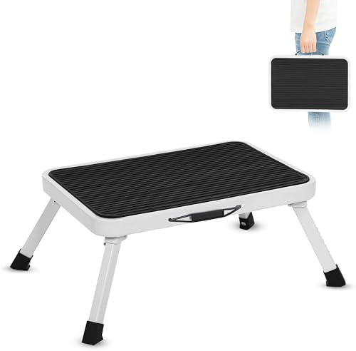 Predellino pieghevole 1 gradino - Scala, scaletta, sgabello di acciaio - Larga superficie antiscivolo - Capacità di carico 150 Kg - Impugnatura di trasporto - Ideale camper, roulotte - 46 x 32 x 17 cm