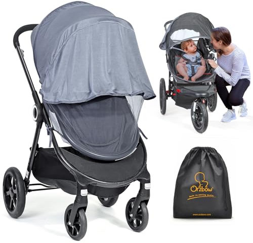 Orzbow Universal Insektenschut mit Sonnensegel 2 in 1 für Kinderwagen & Buggy,Reißfest Fliegennetz & Sonnenschutz mit UV Schutz 50+,Feinmaschig Moskitonetz für Reisebett & Babyschale mit Tasche(Grau)