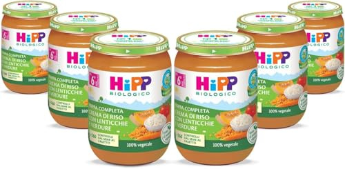 HiPP - Pappa Pronta Completa Bio, Crema di Riso con Lenticchie e Verdure, per Bambini, 100% Vegano, Senza Sale Aggiunto, 6 Vasetti da 190 gr