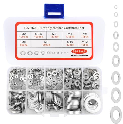 VFANDV Rondelles Metal, 684 Pièces Rondelles pour Gonds de Porte Rondelles Plates Acier Inoxydabl pour la Décoration de la Maison et Construction Extérieure 9 Tailles M2 M2.5 M3 M4 M5 M6 M8 M10 M12