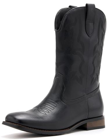 vodvob Cowboy Boots for Men Classic Embroidered Western Boots Slip Resistant Square Toe Chunky Heel Ankle Boots Durable and Fashionable Retro Short Boots
