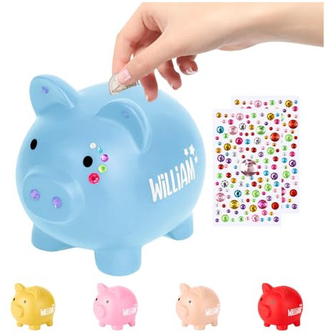 Tirelire pour filles & garçons, Tirelire pour enfants, Tirelire incassable, Tirelire personnalisée avec nom pour baptême, communion, confirmation, naissance (Bleu)