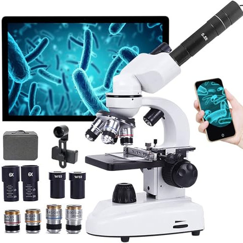Ultra-HD DatorskäRm BinokuläRt Mikroskop, Elektroniska Okular + MobiltelefonhåLlare, 4 Objektiv HåL Undervisningsversion, Med LaboratorietillbehöR/Objektiv/Okularset,12000X