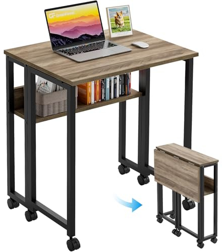 GreenForest Small Folding Desk with Storage Shelf,80 cm Computer Rolling Desk on Wheels Easy Assembly,Foldable desk for Small Space,Grey Wash