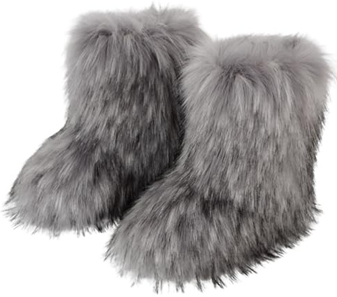 Chlemeter Women's Faux fur Boot Warm Comfortable Outdoor Flat Shoes Furry Fluffy Short Snow 2026 Boot Mid-Calf Boots (Light Grey, Adult, Women, 12, Numeric, US Footwear Size System, Medium)