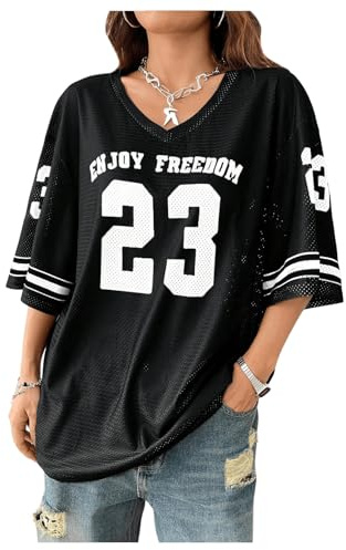 GORGLITTER Women's Letter Graphic V Neck Half Sleeve T Shirts Drop Shoulder Loose Jersey Tops Black Large