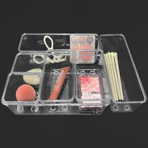 Xpieoyrm 7 Organizer per cassetti trasparente con scatola portaoggetti in plastica di 4 dimensioni, Organizer Trucchi Cassetti in Plastica, Organizer Cassetti Bagno Impilabili, per Cucina, Bagno