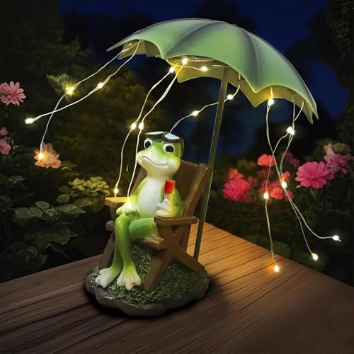 lifemet Solar Frosch Statuen Gartendeko für Draußen - Solar Frösche Gartenfiguren mit RegenschirmLed Lichterketten für Terrasse, für Frauen/Mama Deko für Zimmer Balkon Geschenke für Frauen