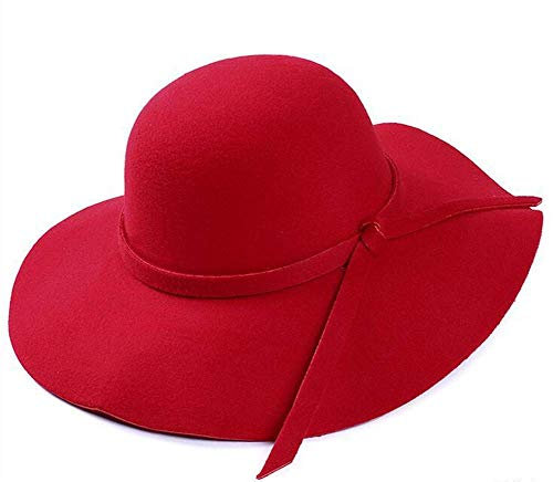 YILEEGOO Damen Wollfilz Schlapphut Fedora breite Krempe Cloche Bowler Hut Boho Hut Bowler mit Band, rot, Einheitsgröße