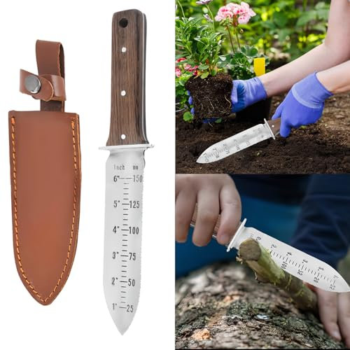 3-i-1 trädgårdskniv, rostfritt stål murslev trädgårdsverktyg, kraftig tandad handspade, handspade, växtspade för ogräsbekämpning och exakt glödlampsplantering