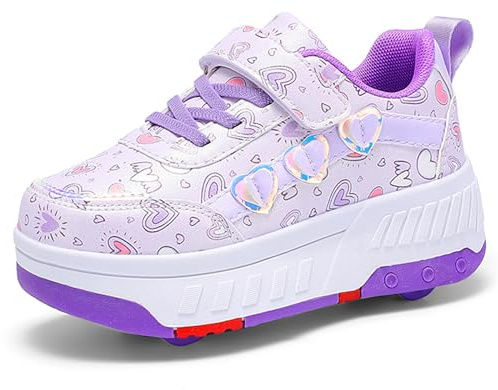 YongerYong Rullskridskor för flickor pojkar, skateboardskridskor utomhus parkourskor barn, infällbara 4 hjul sneakers unisex tonåring, träningsskor skridskoåkning barn, Lila 98, 38 EU