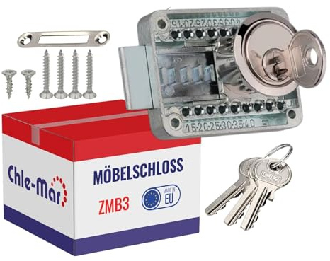 Chle-Mar – Schrankschloss mit Schlüssel | 45x59mm | Möbelschloss & Aufschraubschloss für Schranktür | Spindschloss mit Schlüssel aus Metall | Einfache Montage | Schloss für Schrank & Schranktür
