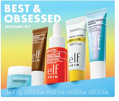 e.l.f. SKIN Best & Obsessed Skincare Kit, Travel-Size Makeup Remover, Sunscreen & Brightening Serums For Glowy Skin, Vegan & Cruelty-Free