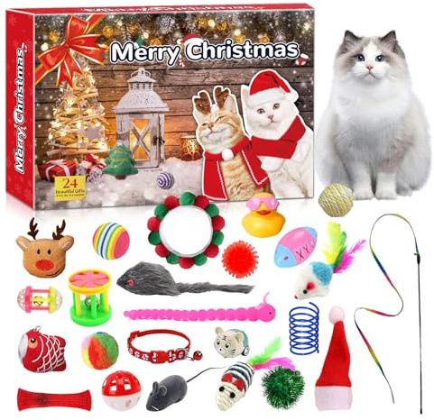 Calendrier de l'Avent 2025 pour chats, calendrier de compte à rebours de Noël de 24 jours, 24 pièces de jouets pour chats avec filet pour chats, cloches, cadeaux de Noël pour les amoureux des chats