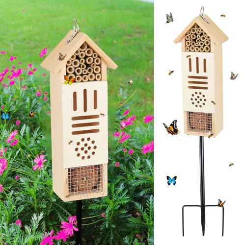 Wooden Insect House, Bee House with Metal Stake for Garden, Natural Ladbugs Habitat & Butterfly Hotel on The Ground or Hanging on Tree Wall (Pine, 3.34'' x 2.56'' x 11.8'', 11.8'' H Stake)