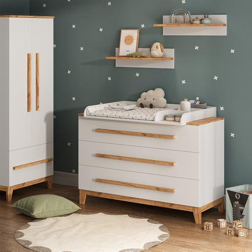 VitaliSpa Table à Langer Malia, Blanc/Artisan, 133.2x98cm avec 3 tiroirs, avec Plan à Langer Amovible pour Une Utilisation comme Commode