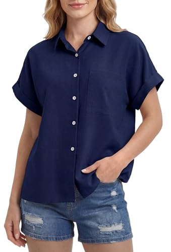 Enmain Camisa Lino Mujer Manga Corta Verano Camisas Blusa de Lino y Algodón de Botones Cuello en V Color Liso Casual Shirt Mujer Elegante Cómoda para Playa Trabajo