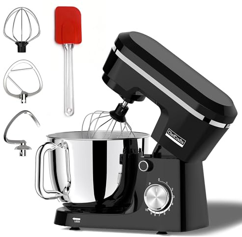 Electric Stand Mixer with 6.5QT Bowl with Handle, Household Food Mixer, Kitchen Mixer with Tilting Head for Bread Dough and Cake with Dough Hook, Whisk, Splash Guard and Egg Separator (Black)
