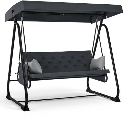M MCombo Balancín de 3 plazas con función de Cama, Cojín Extra Grueso & Ganchos silenciosos, Capacidad 360 kg, 210x125x187 cm, Banco de jardín Resistente a la Intemperie 4071 (Gris Oscuro)
