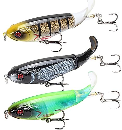 3PCS Señuelo de Pesca Superficial Cebo Artificial con Ojos 3D Cola Giratoria Suave Whopper Popper Plopper Equipo