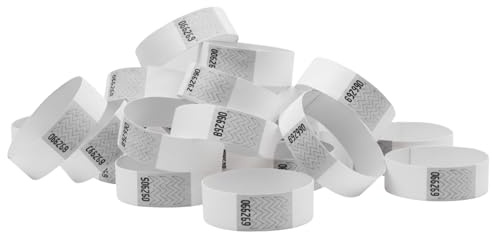Pack Pulseras de Papel Tyvek® Lisas para Control de Acceso y Eventos. Pulseras Identificativas de Colores Numeradas y Resistentes al Agua con Cierre de Seguridad (1000, Blanco)