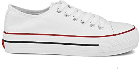 PAYMA - Baskets en Toile pour Femme, Bas Haut, Sneakers Canvas Tennis Chaussures Casuel de Sport. Platform. Semelle Simple et Double. Pointe Caoutchouc. Coleur: Blanc Bas Plateforme, Taille EU 41