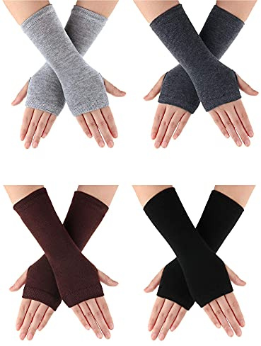 BBTO 4 Pairs Wrist Fingerless Gloves with Thumb Hole Women Warm Half Gloves Winter Mittens Thermal Warmers Gifts for Men Women Ladies(Dark Card, Black, Dark Grey, Light Grey)