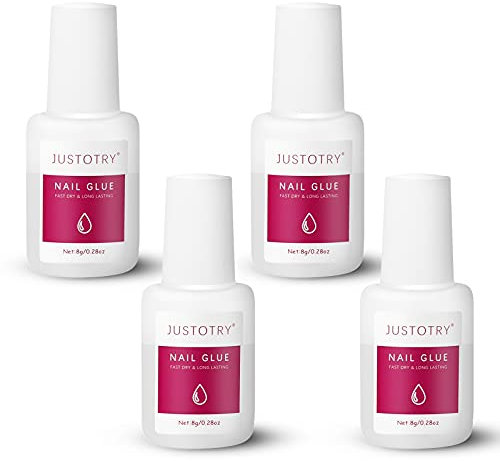 JUSTOTRY 4 Pcs Professional Nail Glue for Acrylic Tips & Press On Nails - Long Lasting, Fast Bond & Super Strong