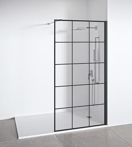 Mampara de ducha frontal panel fijo - Decorado industrial - Cristal templado 8 mm Antical - Perfilería Negra Mate - Ancho adaptable 88-90 cm - Alto 195 cm
