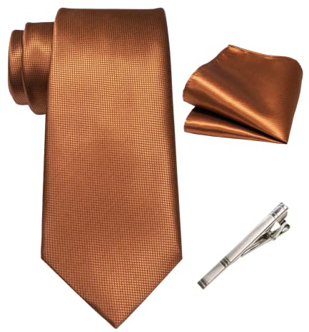 RBOCOTT Brown Tie Silk Necktie and Pocket Square with Tie Clip Sets for Men 8cm(3)