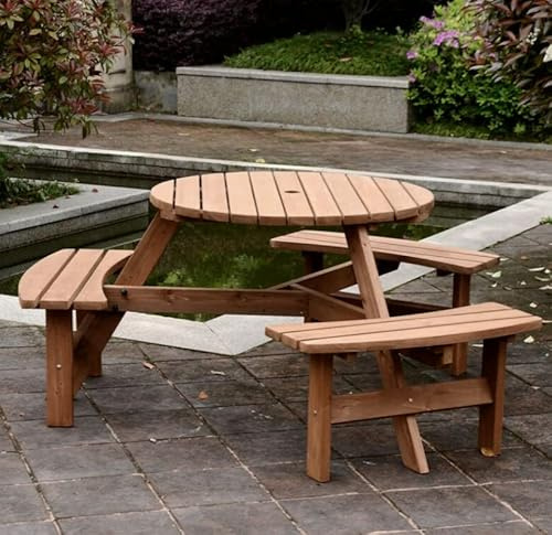 Round Picnic Table Outdoor Garden Dining Furniture Wooden Patio Pub Bench/Chairs 6 Seater Deck Backyard Park Beer Bar Compact Bistro Set Parasol Hole